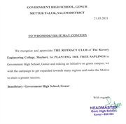 Recognition and appreciation Letter from Government High School, Gonur for Planting the Tree Sapling on 21st March 2021.